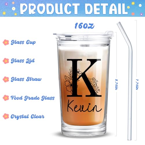 Personalized Glass Cup with Names Custom Water Tumbler Customized Coffee Drink Cup with Lid and Straw Customizable Birthdays Holidays Gifts for Kids Girls Boys 16OZ