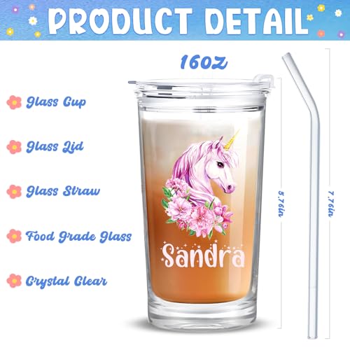 Personalized Glass Cup with Names Custom Water Tumbler Customized Coffee Drink Cup with Lid and Straw Customizable Birthdays Holidays Gifts for Kids Girls Boys 16OZ