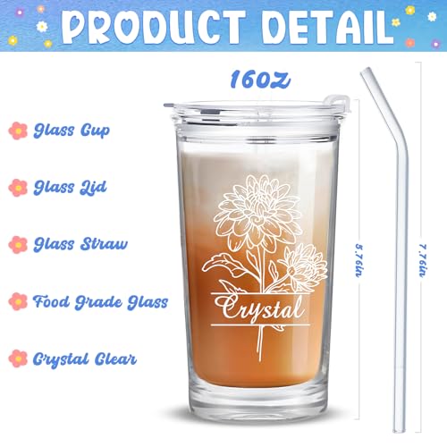 Personalized Glass Cup with Names Custom Water Tumbler Customized Coffee Drink Cup with Lid and Straw Customizable Birthdays Holidays Gifts for Kids Girls Boys 16OZ