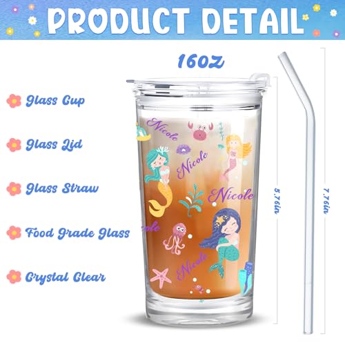 Personalized Glass Cup with Names Custom Water Tumbler Customized Coffee Drink Cup with Lid and Straw Customizable Birthdays Holidays Gifts for Kids Girls Boys 16OZ