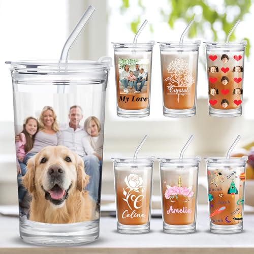 Personalized Glass Cup with Names Custom Water Tumbler Customized Coffee Drink Cup with Lid and Straw Customizable Birthdays Holidays Gifts for Kids Girls Boys 16OZ