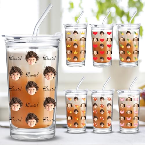 Personalized Glass Cup with Names Custom Water Tumbler Customized Coffee Drink Cup with Lid and Straw Customizable Birthdays Holidays Gifts for Kids Girls Boys 16OZ