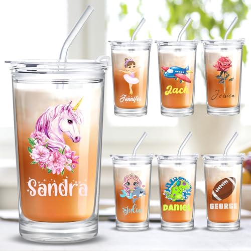 Personalized Glass Cup with Names Custom Water Tumbler Customized Coffee Drink Cup with Lid and Straw Customizable Birthdays Holidays Gifts for Kids Girls Boys 16OZ