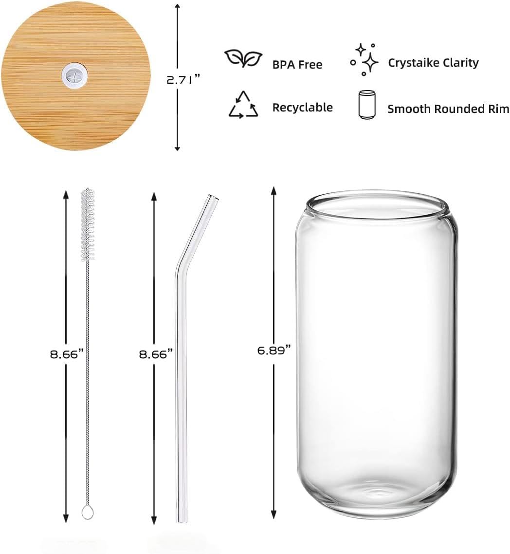 Glass Cups with Lids and Straws 1Pack,Glass Coffee Cups,Glass Cup with Lid for Iced Coffee,Smoothie,Cocktail,Beer,Whiskey,Soda,Matcha,16 Oz Glass Cup with Bamboo Lid,1 Brush