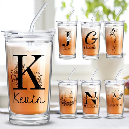 Personalized Glass Cup with Names Custom Water Tumbler Customized Coffee Drink Cup with Lid and Straw Customizable Birthdays Holidays Gifts for Kids Girls Boys 16OZ
