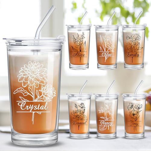 Personalized Glass Cup with Names Custom Water Tumbler Customized Coffee Drink Cup with Lid and Straw Customizable Birthdays Holidays Gifts for Kids Girls Boys 16OZ