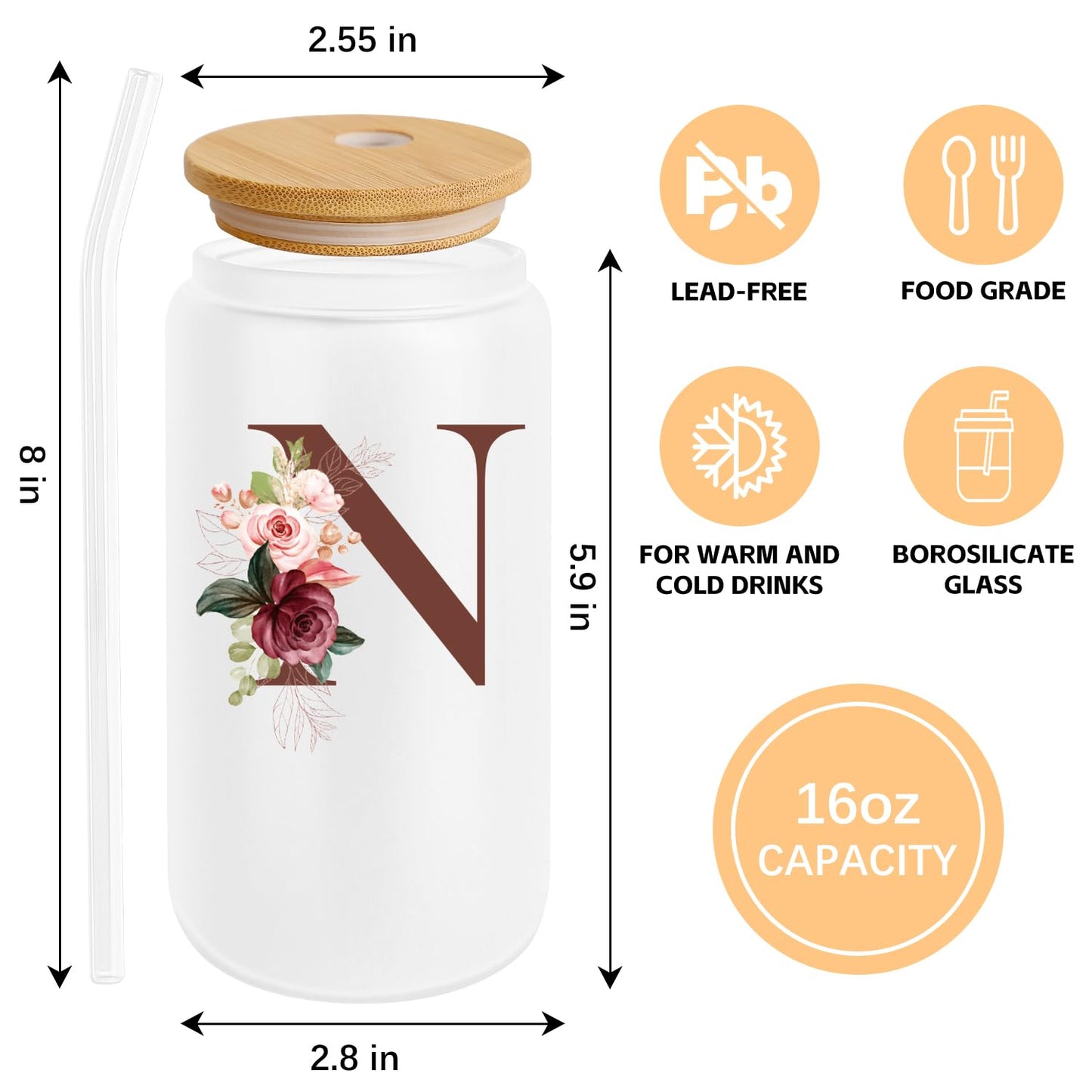 Birthday Gifts for Women, Personalized Gifts for Women, Monogrammed Initial Glass Cup - 16oz Glass Cups with Lids and Straws, Iced Coffee Cup, Beer Can Shaped Glass - Personalized Christmas Gifts J
