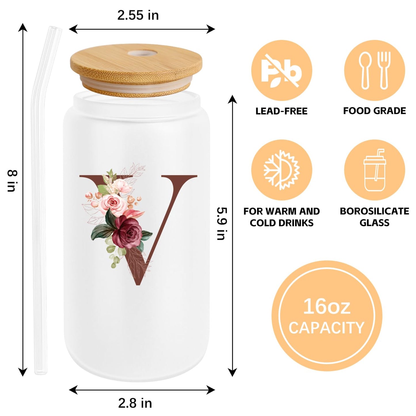 Birthday Gifts for Women, Personalized Gifts for Women, Monogrammed Initial Glass Cup - 16oz Glass Cups with Lids and Straws, Iced Coffee Cup, Beer Can Shaped Glass - Personalized Christmas Gifts J
