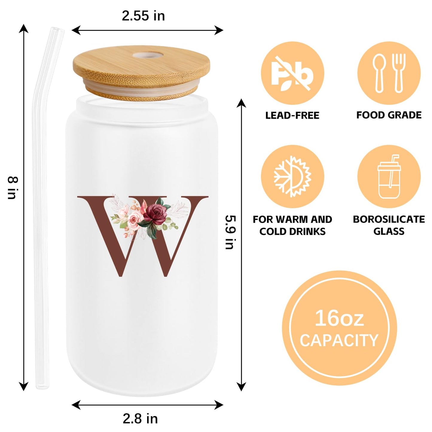 Birthday Gifts for Women, Personalized Gifts for Women, Monogrammed Initial Glass Cup - 16oz Glass Cups with Lids and Straws, Iced Coffee Cup, Beer Can Shaped Glass - Personalized Christmas Gifts J