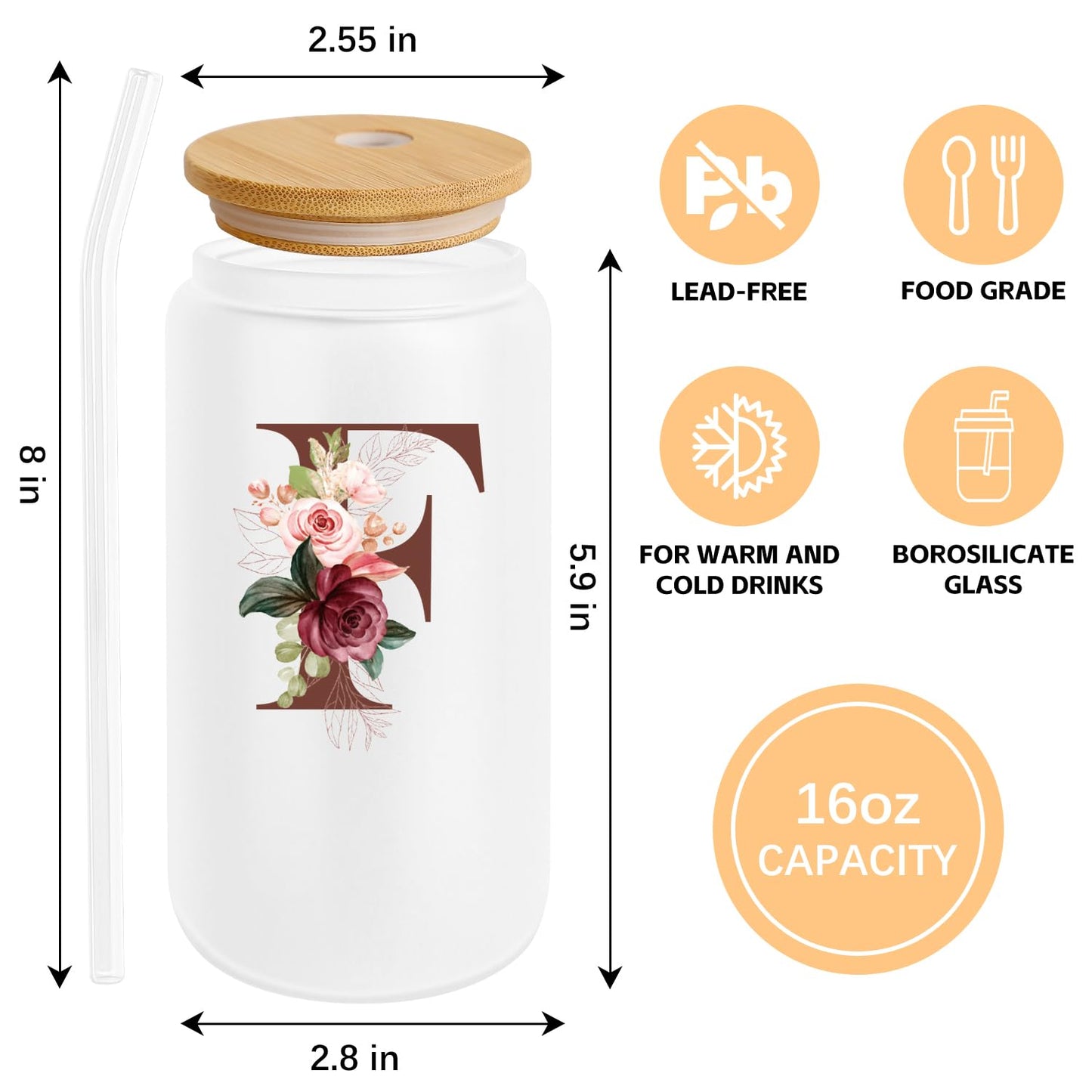 Birthday Gifts for Women, Personalized Gifts for Women, Monogrammed Initial Glass Cup - 16oz Glass Cups with Lids and Straws, Iced Coffee Cup, Beer Can Shaped Glass - Personalized Christmas Gifts J