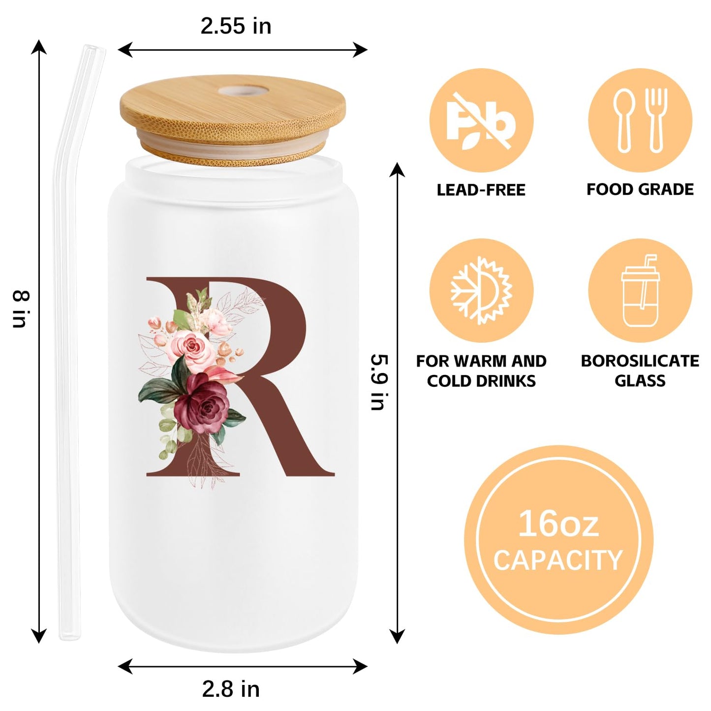 Birthday Gifts for Women, Personalized Gifts for Women, Monogrammed Initial Glass Cup - 16oz Glass Cups with Lids and Straws, Iced Coffee Cup, Beer Can Shaped Glass - Personalized Christmas Gifts J