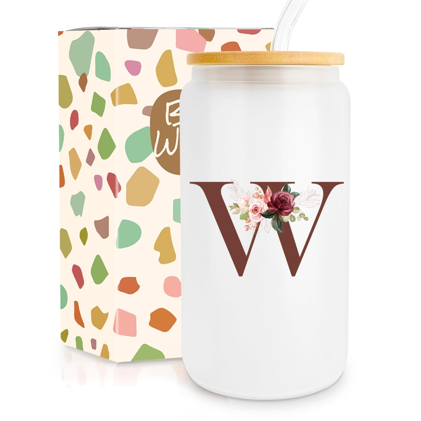 Birthday Gifts for Women, Personalized Gifts for Women, Monogrammed Initial Glass Cup - 16oz Glass Cups with Lids and Straws, Iced Coffee Cup, Beer Can Shaped Glass - Personalized Christmas Gifts J