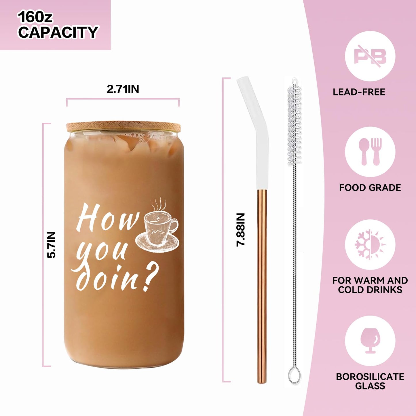 Glass Cups with Lids and Straws 1Pack,Glass Coffee Cups,Glass Cup with Lid for Iced Coffee,Smoothie,Cocktail,Beer,Whiskey,Soda,Matcha,16 Oz Glass Cup with Bamboo Lid,1 Brush