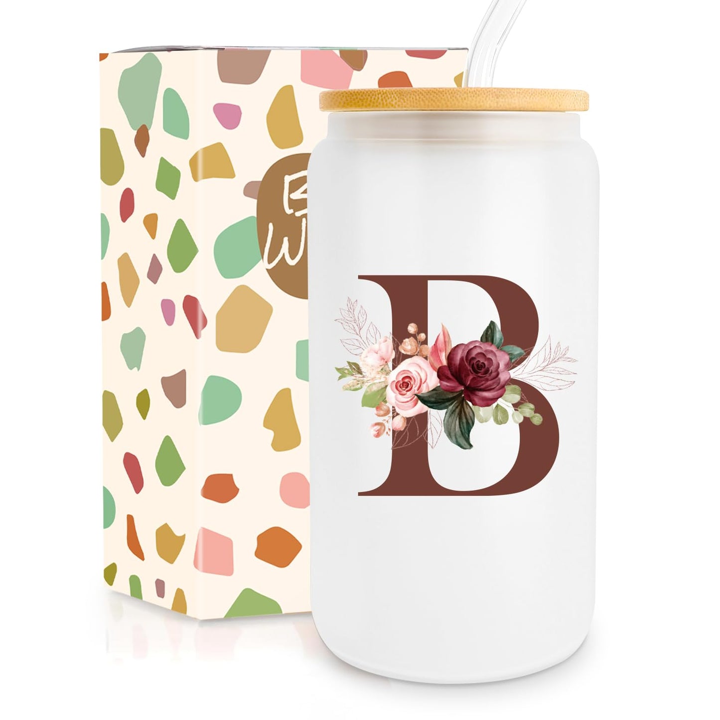 Birthday Gifts for Women, Personalized Gifts for Women, Monogrammed Initial Glass Cup - 16oz Glass Cups with Lids and Straws, Iced Coffee Cup, Beer Can Shaped Glass - Personalized Christmas Gifts J