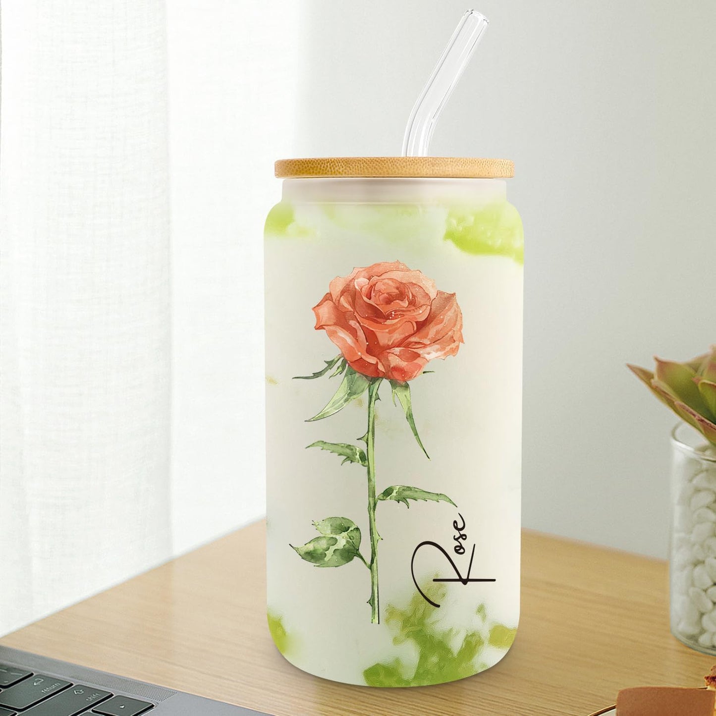 Birth Flower Glass Cup with Lid and Straw - Birthday Gifts for Women - August Birthday Gifts Ideas for Her Girlfriend Friends Wife Mom Daughter Sister - 18 Oz Frosted Glass Flower Cup (August.Rose)
