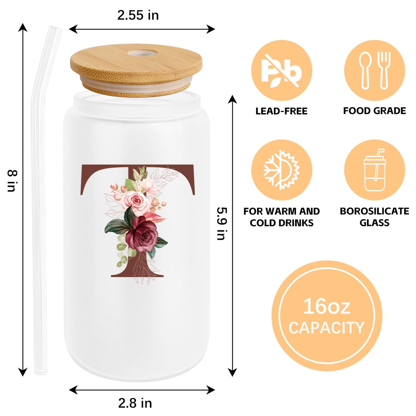Birthday Gifts for Women, Personalized Gifts for Women, Monogrammed Initial Glass Cup - 16oz Glass Cups with Lids and Straws, Iced Coffee Cup, Beer Can Shaped Glass - Personalized Christmas Gifts J