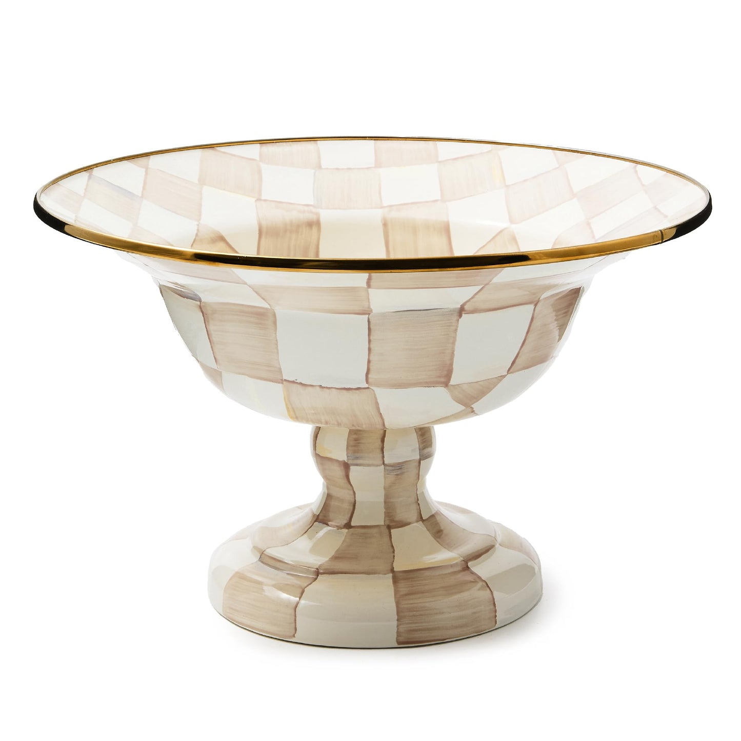 MACKENZIE-CHILDS Enamel Compote, Cute Enamel Pedestal Serving Dish or Decorative Bowl, Large, Brown-and-White Mocha Check
