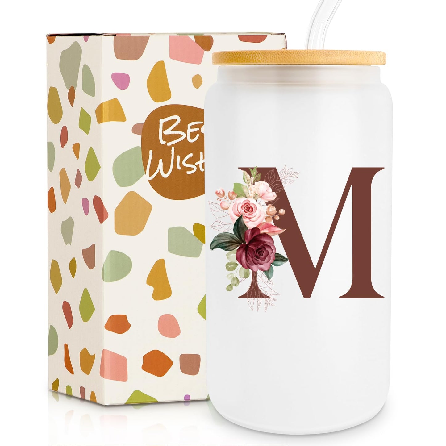 Birthday Gifts for Women, Personalized Gifts for Women, Monogrammed Initial Glass Cup - 16oz Glass Cups with Lids and Straws, Iced Coffee Cup, Beer Can Shaped Glass - Personalized Christmas Gifts J