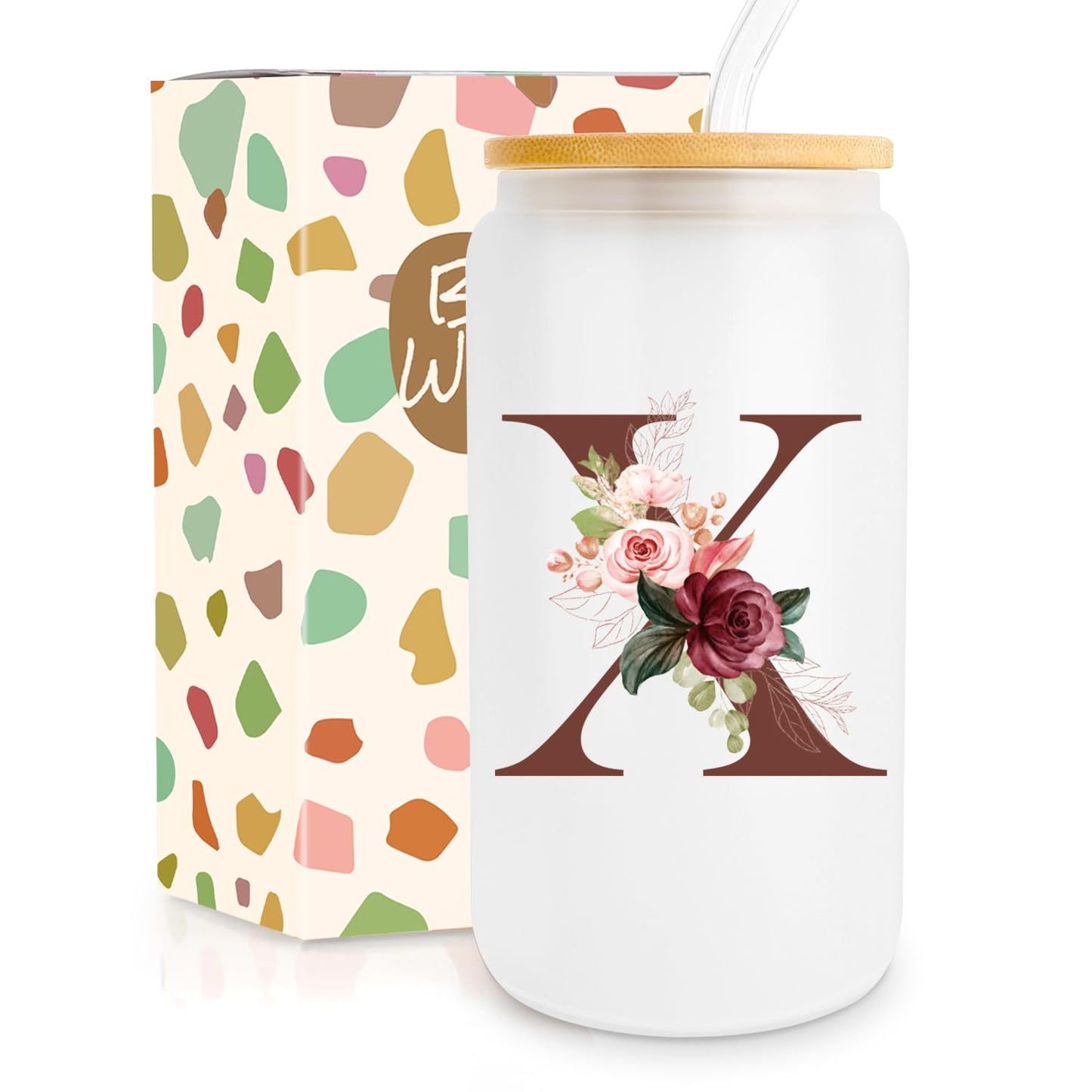 Birthday Gifts for Women, Personalized Gifts for Women, Monogrammed Initial Glass Cup - 16oz Glass Cups with Lids and Straws, Iced Coffee Cup, Beer Can Shaped Glass - Personalized Christmas Gifts J