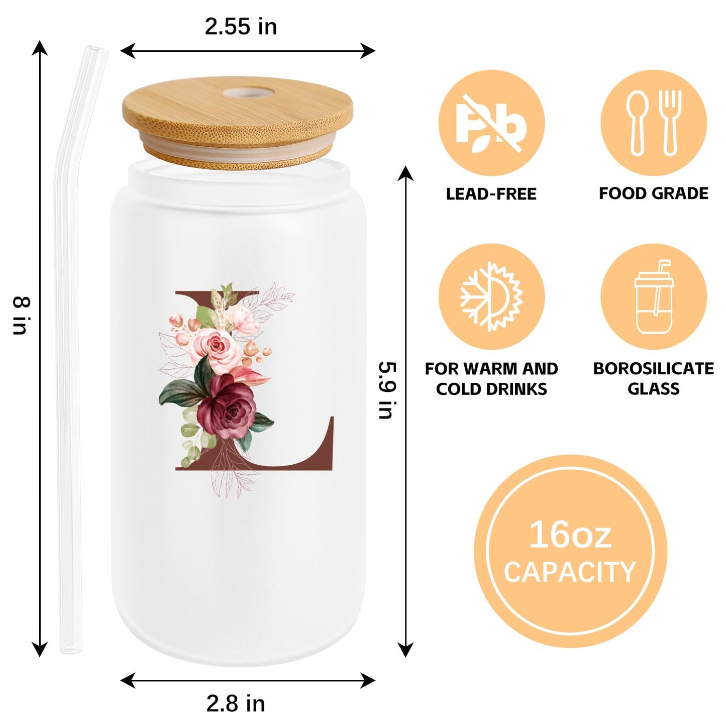 Birthday Gifts for Women, Personalized Gifts for Women, Monogrammed Initial Glass Cup - 16oz Glass Cups with Lids and Straws, Iced Coffee Cup, Beer Can Shaped Glass - Personalized Christmas Gifts J