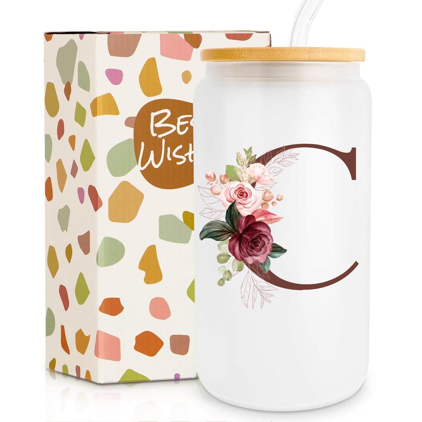 Birthday Gifts for Women, Personalized Gifts for Women, Monogrammed Initial Glass Cup - 16oz Glass Cups with Lids and Straws, Iced Coffee Cup, Beer Can Shaped Glass - Personalized Christmas Gifts J