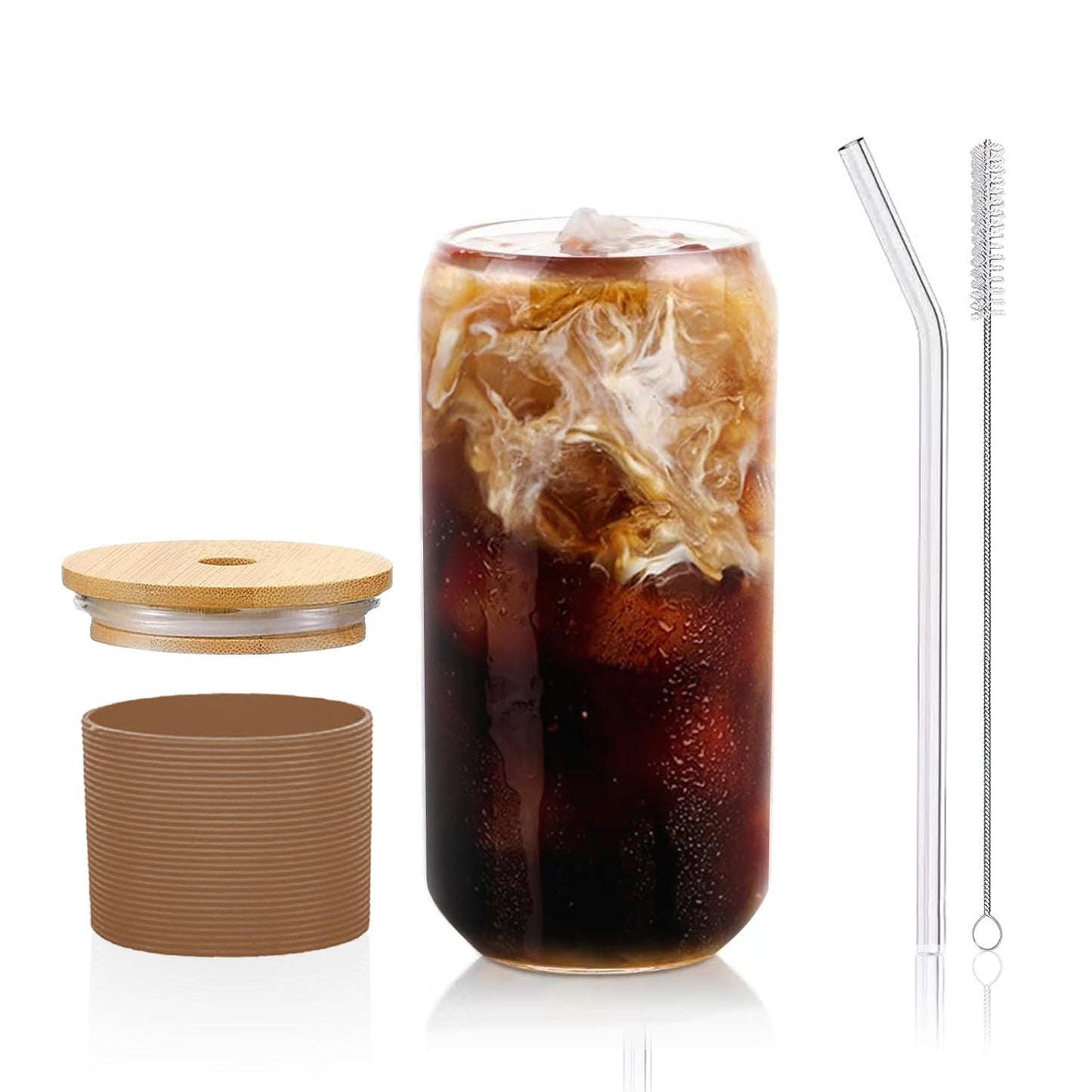 Glass Cups with Lids and Straws 1Pack,Glass Coffee Cups,Glass Cup with Lid for Iced Coffee,Smoothie,Cocktail,Beer,Whiskey,Soda,Matcha,16 Oz Glass Cup with Bamboo Lid,1 Brush