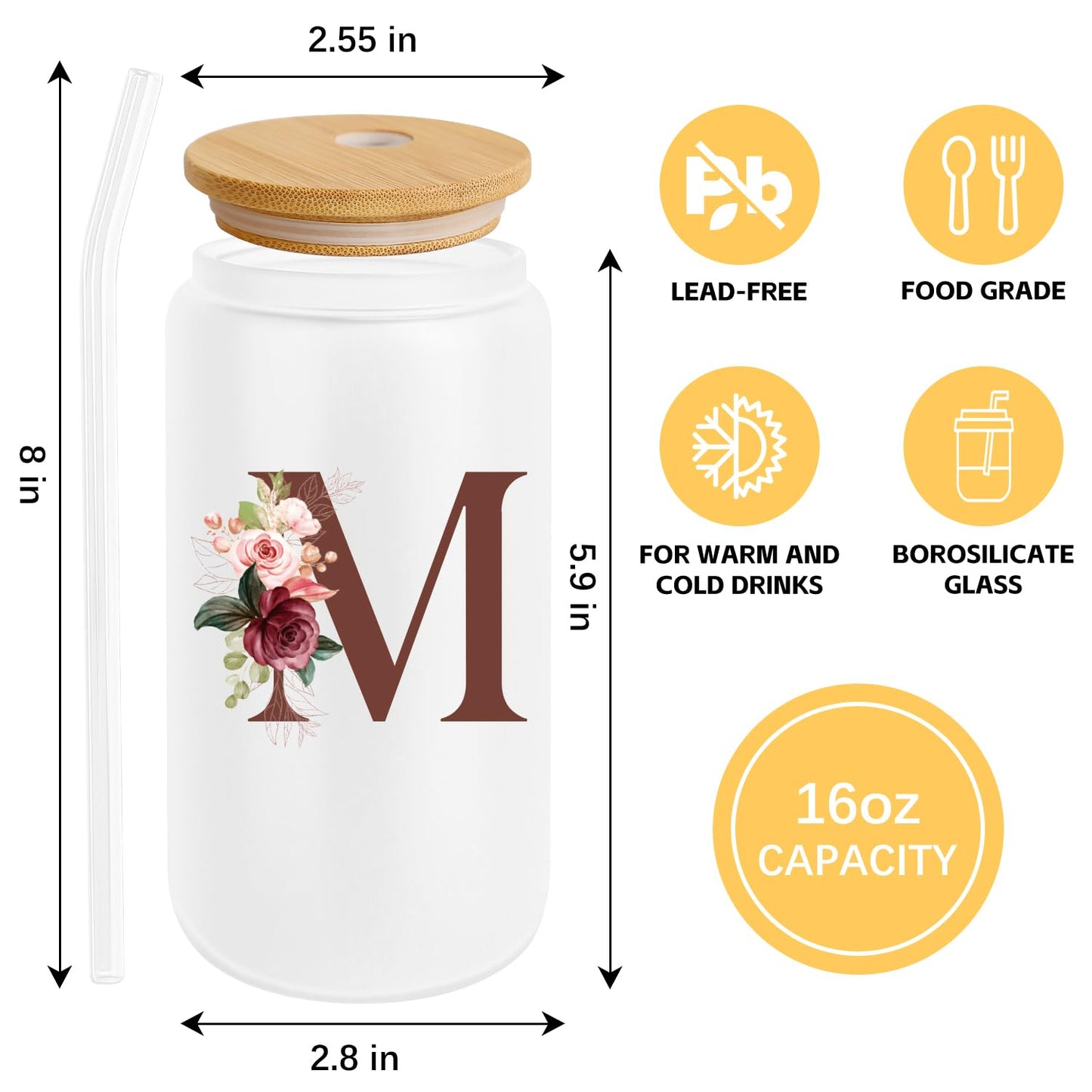 Birthday Gifts for Women, Personalized Gifts for Women, Monogrammed Initial Glass Cup - 16oz Glass Cups with Lids and Straws, Iced Coffee Cup, Beer Can Shaped Glass - Personalized Christmas Gifts J