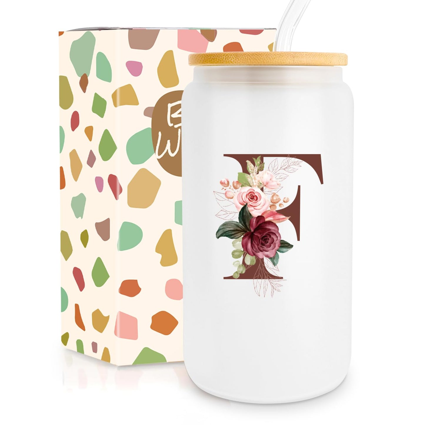 Birthday Gifts for Women, Personalized Gifts for Women, Monogrammed Initial Glass Cup - 16oz Glass Cups with Lids and Straws, Iced Coffee Cup, Beer Can Shaped Glass - Personalized Christmas Gifts J