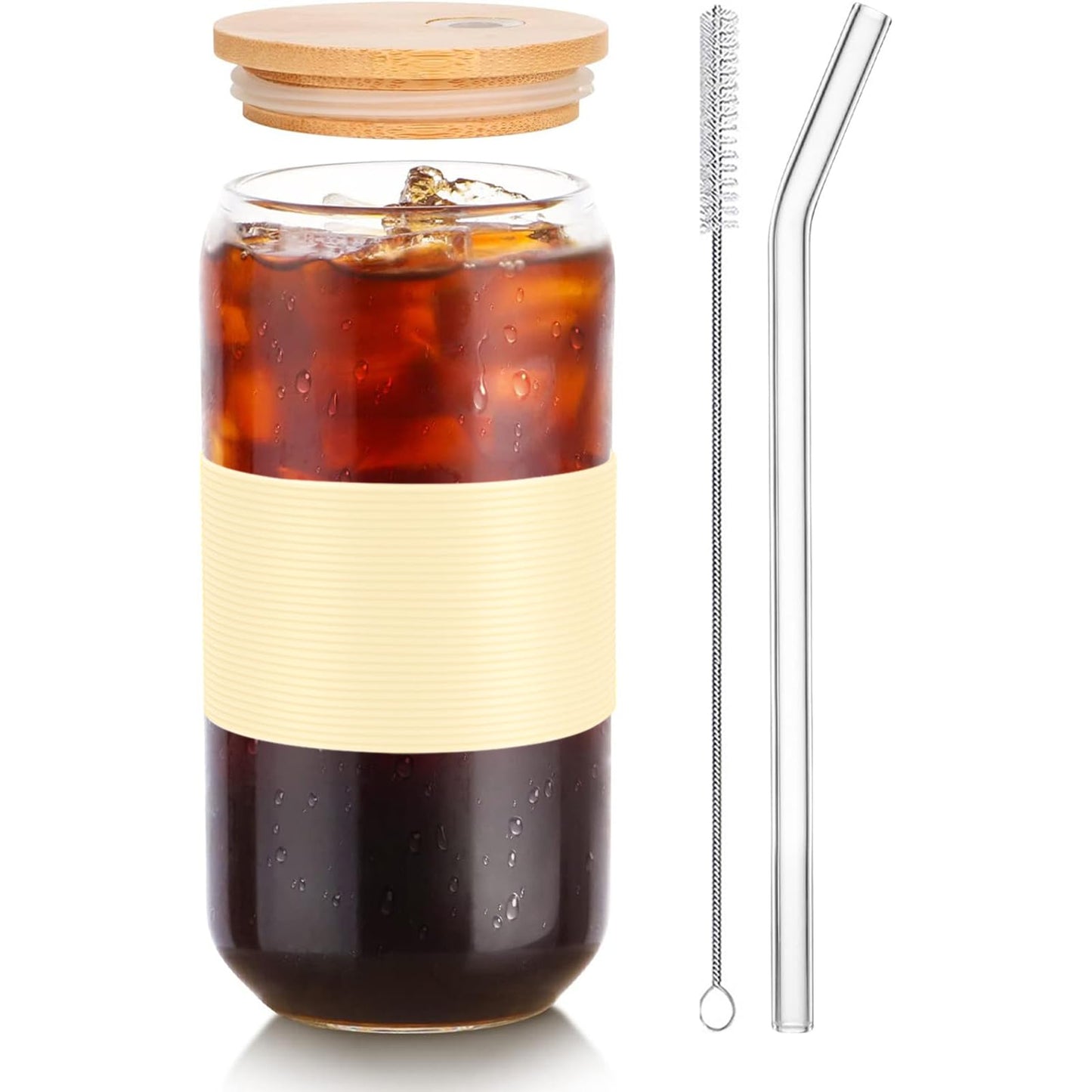 Glass Cups with Lids and Straws 1Pack,Glass Coffee Cups,Glass Cup with Lid for Iced Coffee,Smoothie,Cocktail,Beer,Whiskey,Soda,Matcha,16 Oz Glass Cup with Bamboo Lid,1 Brush