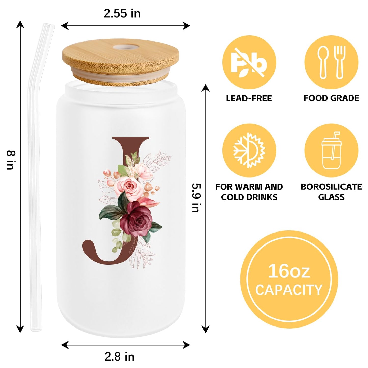 Birthday Gifts for Women, Personalized Gifts for Women, Monogrammed Initial Glass Cup - 16oz Glass Cups with Lids and Straws, Iced Coffee Cup, Beer Can Shaped Glass - Personalized Christmas Gifts J