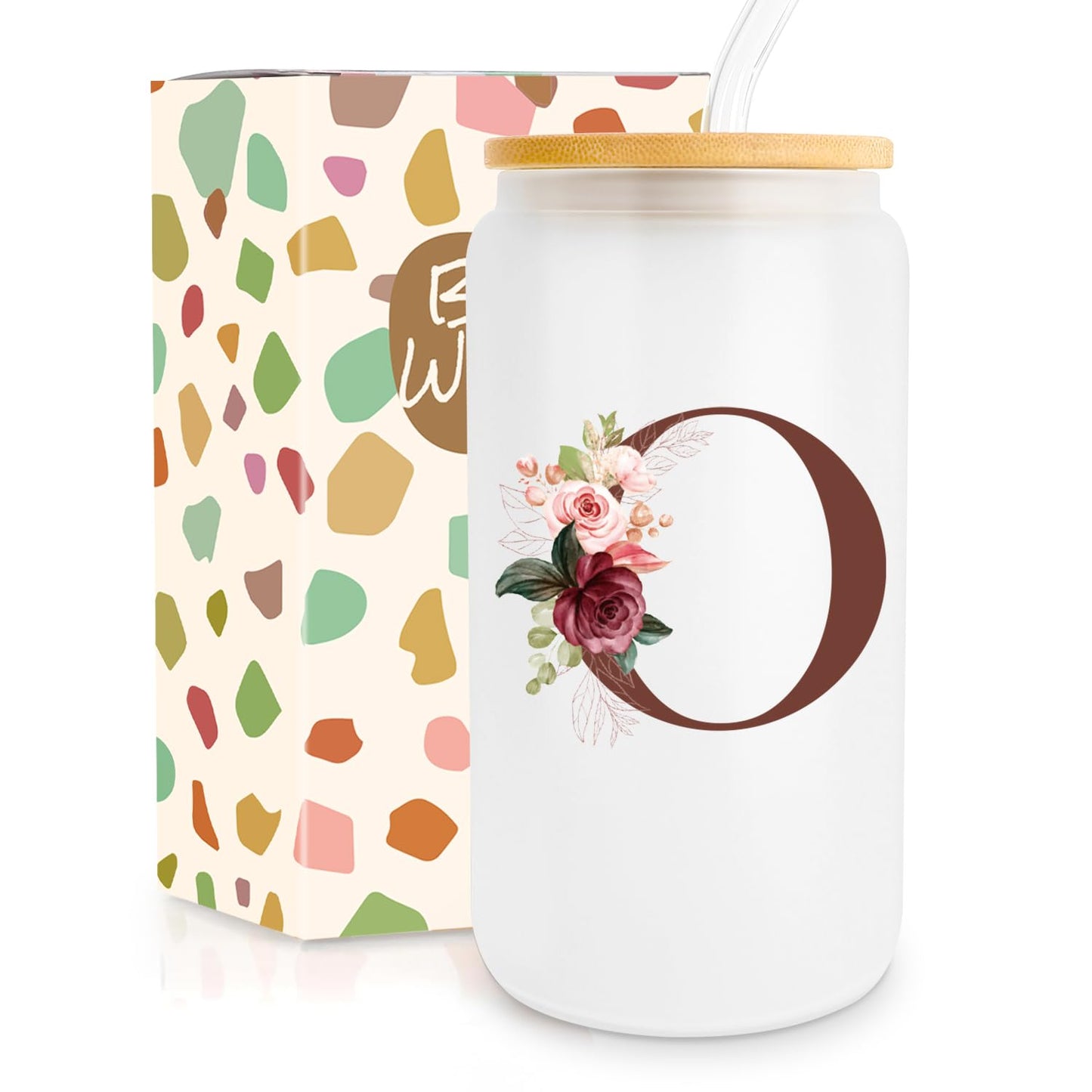 Birthday Gifts for Women, Personalized Gifts for Women, Monogrammed Initial Glass Cup - 16oz Glass Cups with Lids and Straws, Iced Coffee Cup, Beer Can Shaped Glass - Personalized Christmas Gifts J