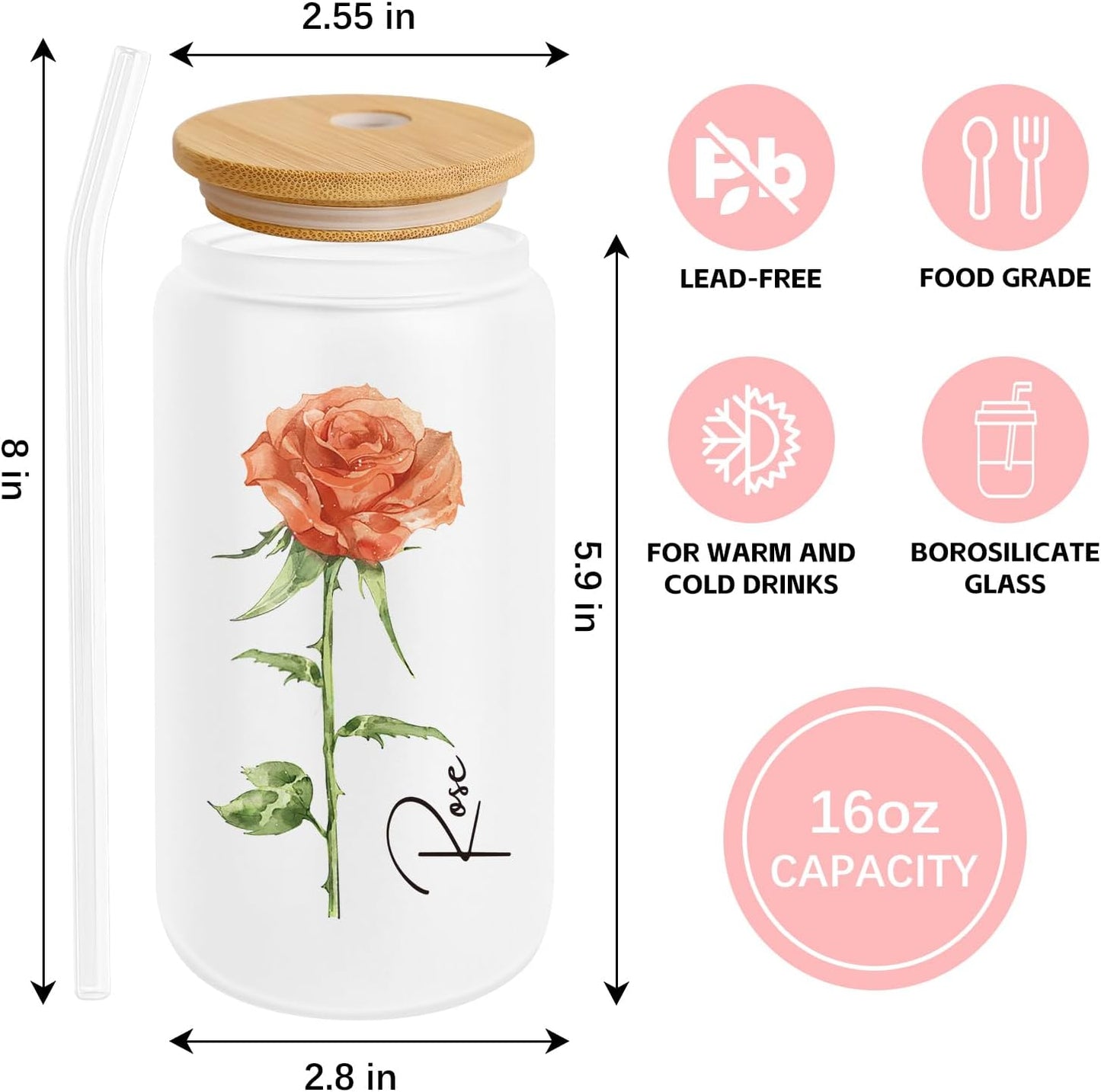 Birth Flower Glass Cup with Lid and Straw - Birthday Gifts for Women - August Birthday Gifts Ideas for Her Girlfriend Friends Wife Mom Daughter Sister - 18 Oz Frosted Glass Flower Cup (August.Rose)
