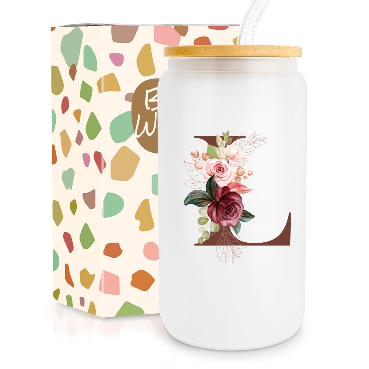 Birthday Gifts for Women, Personalized Gifts for Women, Monogrammed Initial Glass Cup - 16oz Glass Cups with Lids and Straws, Iced Coffee Cup, Beer Can Shaped Glass - Personalized Christmas Gifts J