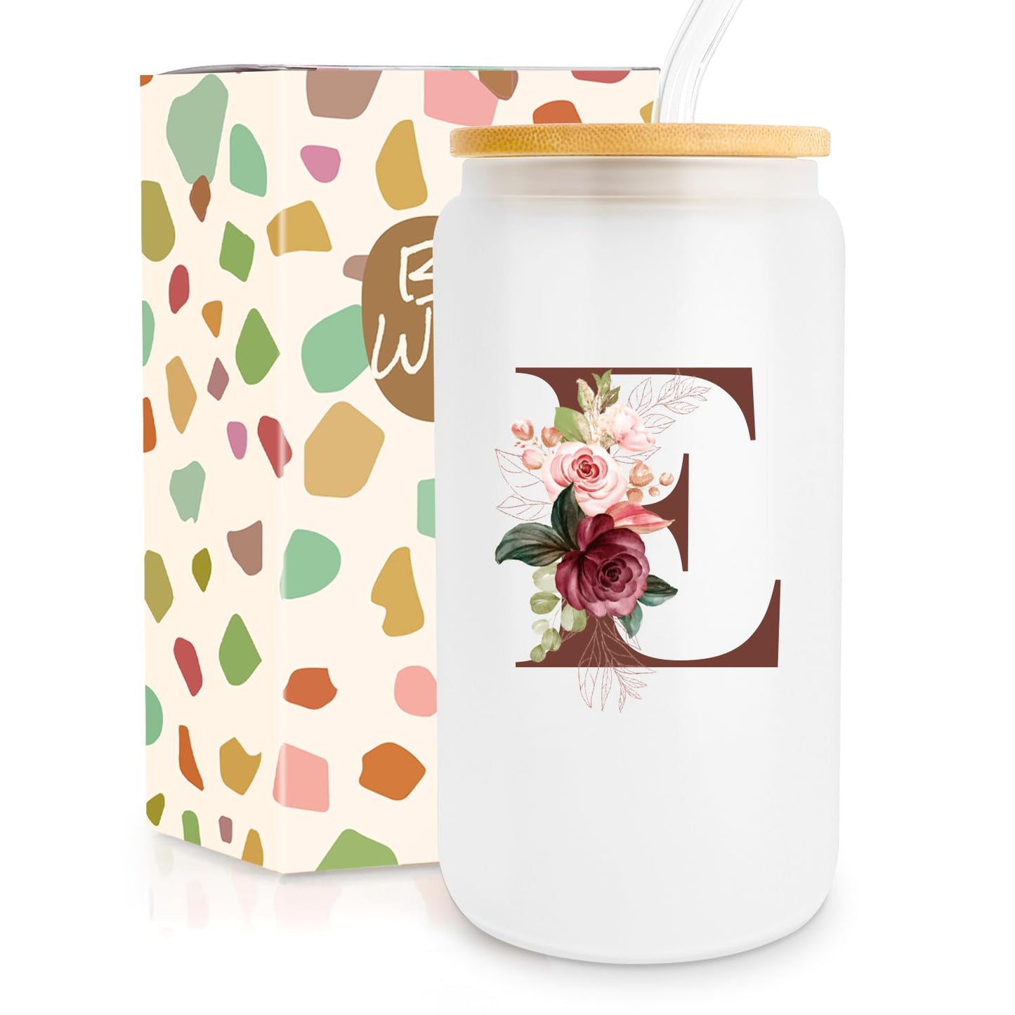 Birthday Gifts for Women, Personalized Gifts for Women, Monogrammed Initial Glass Cup - 16oz Glass Cups with Lids and Straws, Iced Coffee Cup, Beer Can Shaped Glass - Personalized Christmas Gifts J