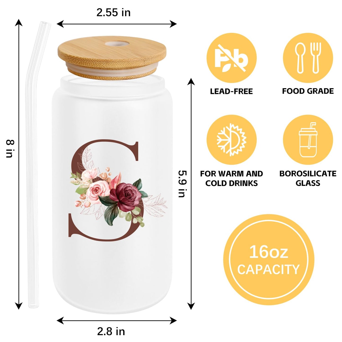 Birthday Gifts for Women, Personalized Gifts for Women, Monogrammed Initial Glass Cup - 16oz Glass Cups with Lids and Straws, Iced Coffee Cup, Beer Can Shaped Glass - Personalized Christmas Gifts J