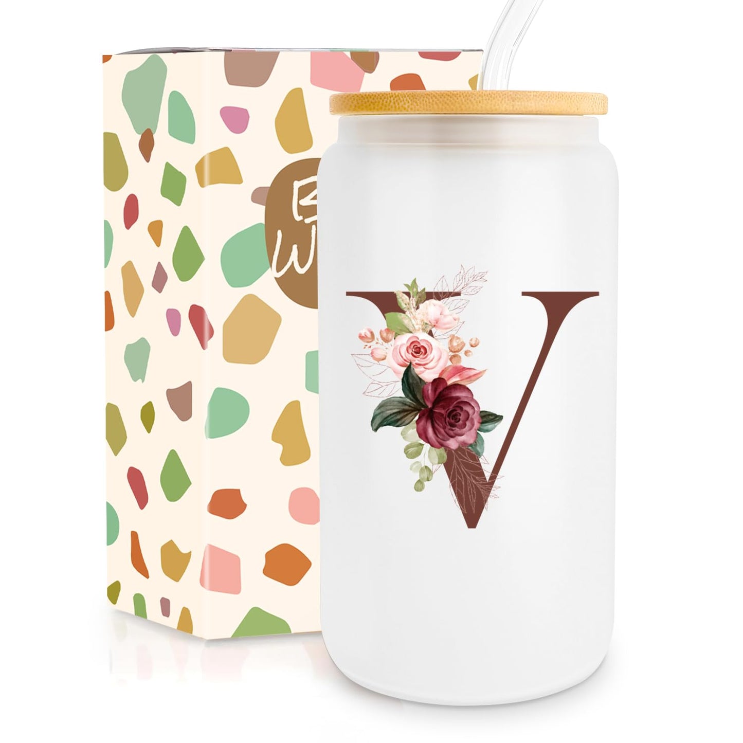 Birthday Gifts for Women, Personalized Gifts for Women, Monogrammed Initial Glass Cup - 16oz Glass Cups with Lids and Straws, Iced Coffee Cup, Beer Can Shaped Glass - Personalized Christmas Gifts J