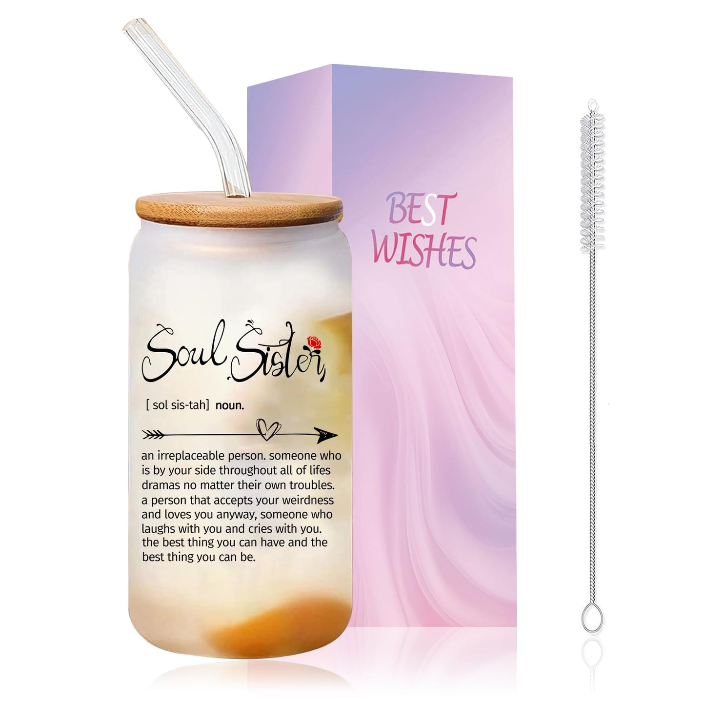 Glass Cups with Lids and Straws 1Pack,Glass Coffee Cups,Glass Cup with Lid for Iced Coffee,Smoothie,Cocktail,Beer,Whiskey,Soda,Matcha,16 Oz Glass Cup with Bamboo Lid,1 Brush