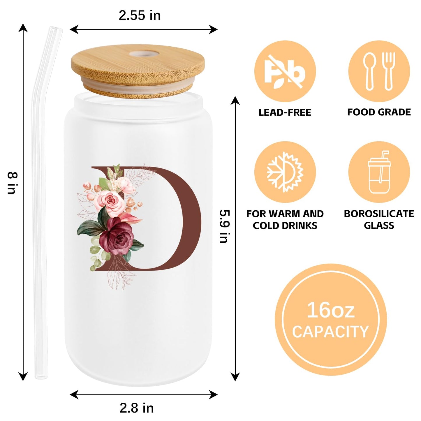 Birthday Gifts for Women, Personalized Gifts for Women, Monogrammed Initial Glass Cup - 16oz Glass Cups with Lids and Straws, Iced Coffee Cup, Beer Can Shaped Glass - Personalized Christmas Gifts J