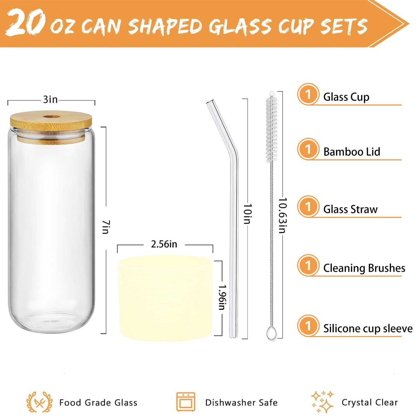 Glass Cups with Lids and Straws 1Pack,Glass Coffee Cups,Glass Cup with Lid for Iced Coffee,Smoothie,Cocktail,Beer,Whiskey,Soda,Matcha,16 Oz Glass Cup with Bamboo Lid,1 Brush