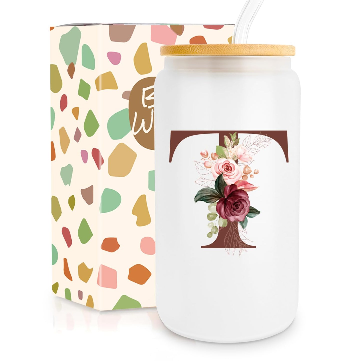 Birthday Gifts for Women, Personalized Gifts for Women, Monogrammed Initial Glass Cup - 16oz Glass Cups with Lids and Straws, Iced Coffee Cup, Beer Can Shaped Glass - Personalized Christmas Gifts J