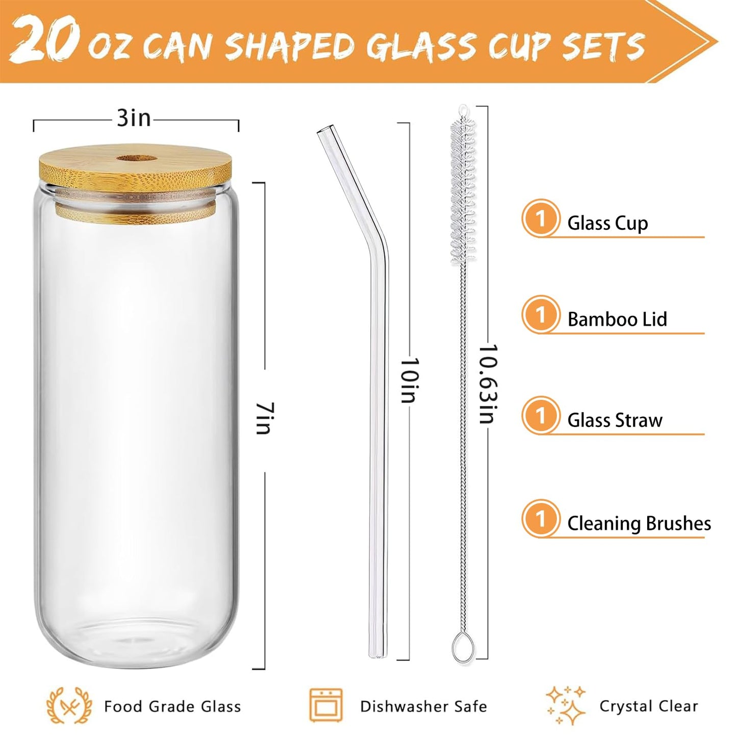 Glass Cups with Lids and Straws 1Pack,Glass Coffee Cups,Glass Cup with Lid for Iced Coffee,Smoothie,Cocktail,Beer,Whiskey,Soda,Matcha,16 Oz Glass Cup with Bamboo Lid,1 Brush