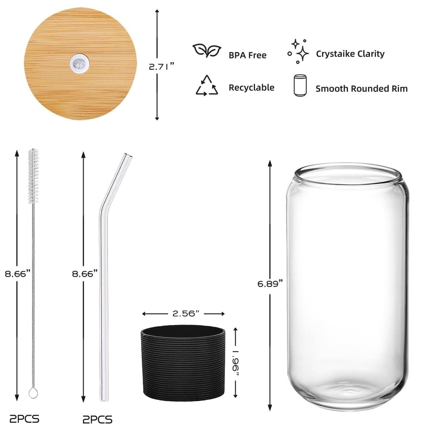 Glass Cups with Lids and Straws 1Pack,Glass Coffee Cups,Glass Cup with Lid for Iced Coffee,Smoothie,Cocktail,Beer,Whiskey,Soda,Matcha,16 Oz Glass Cup with Bamboo Lid,1 Brush
