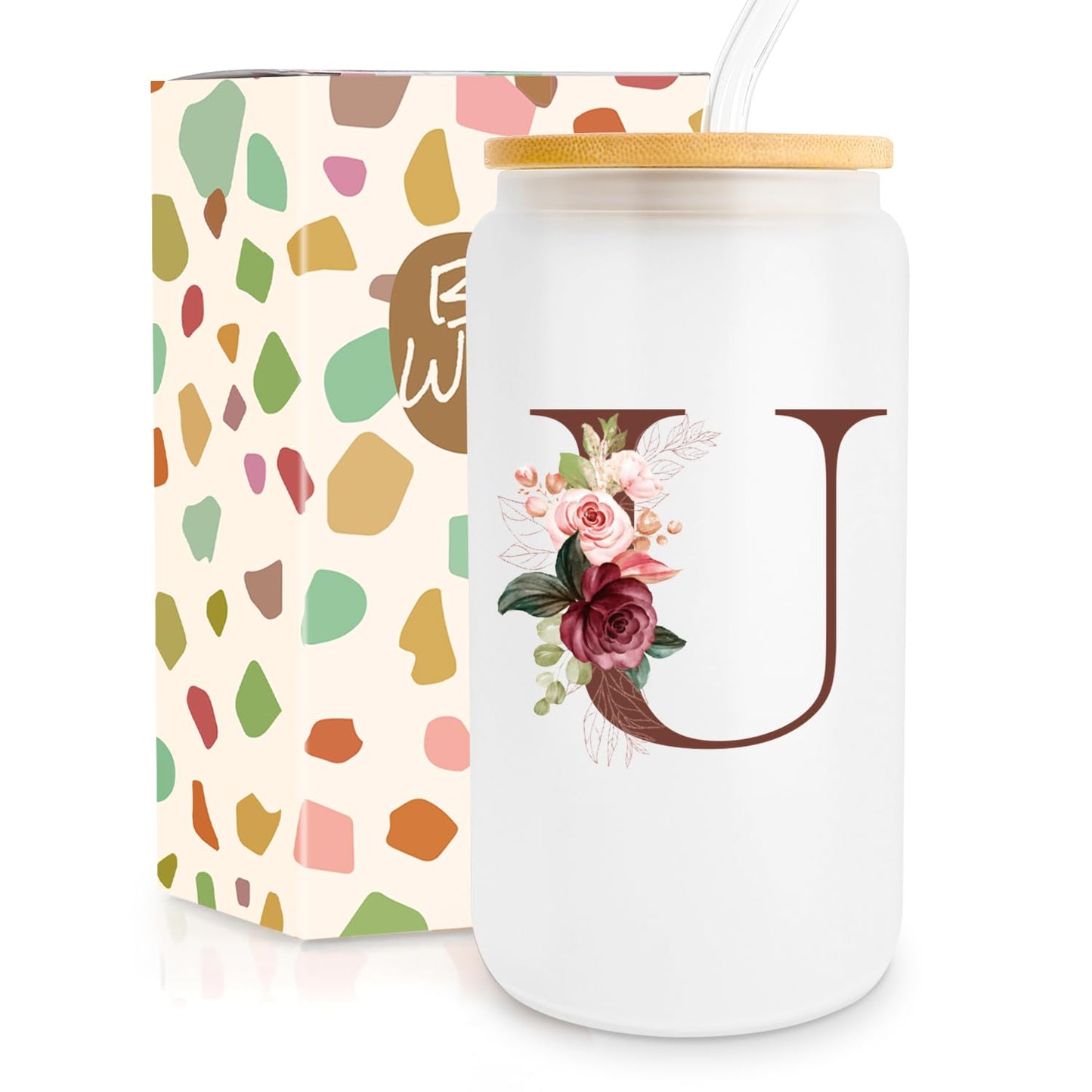 Birthday Gifts for Women, Personalized Gifts for Women, Monogrammed Initial Glass Cup - 16oz Glass Cups with Lids and Straws, Iced Coffee Cup, Beer Can Shaped Glass - Personalized Christmas Gifts J