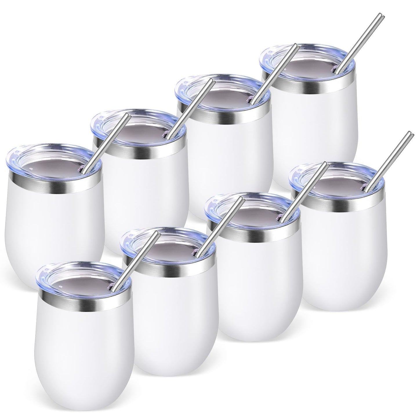 Volhoply 12oz Stainless Steel Wine Tumbler with Lid and Straw,Double Wall Vacuum Insulated Stemless Wine Glasses,Reusable Travel Coffee Mug for Cold Drinks,Small Tumblers Gifts for Women(White,1 Set)