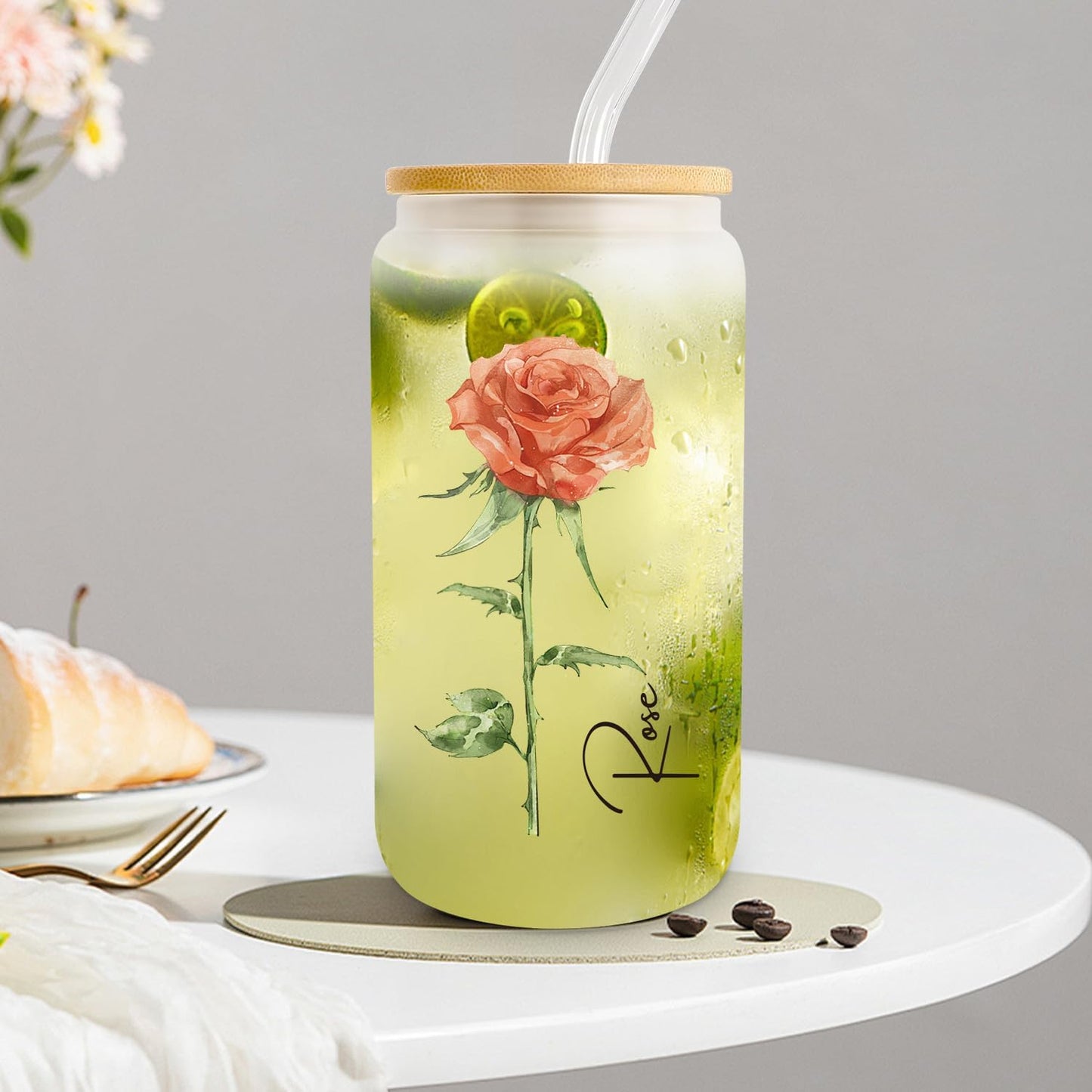 Birth Flower Glass Cup with Lid and Straw - Birthday Gifts for Women - August Birthday Gifts Ideas for Her Girlfriend Friends Wife Mom Daughter Sister - 18 Oz Frosted Glass Flower Cup (August.Rose)