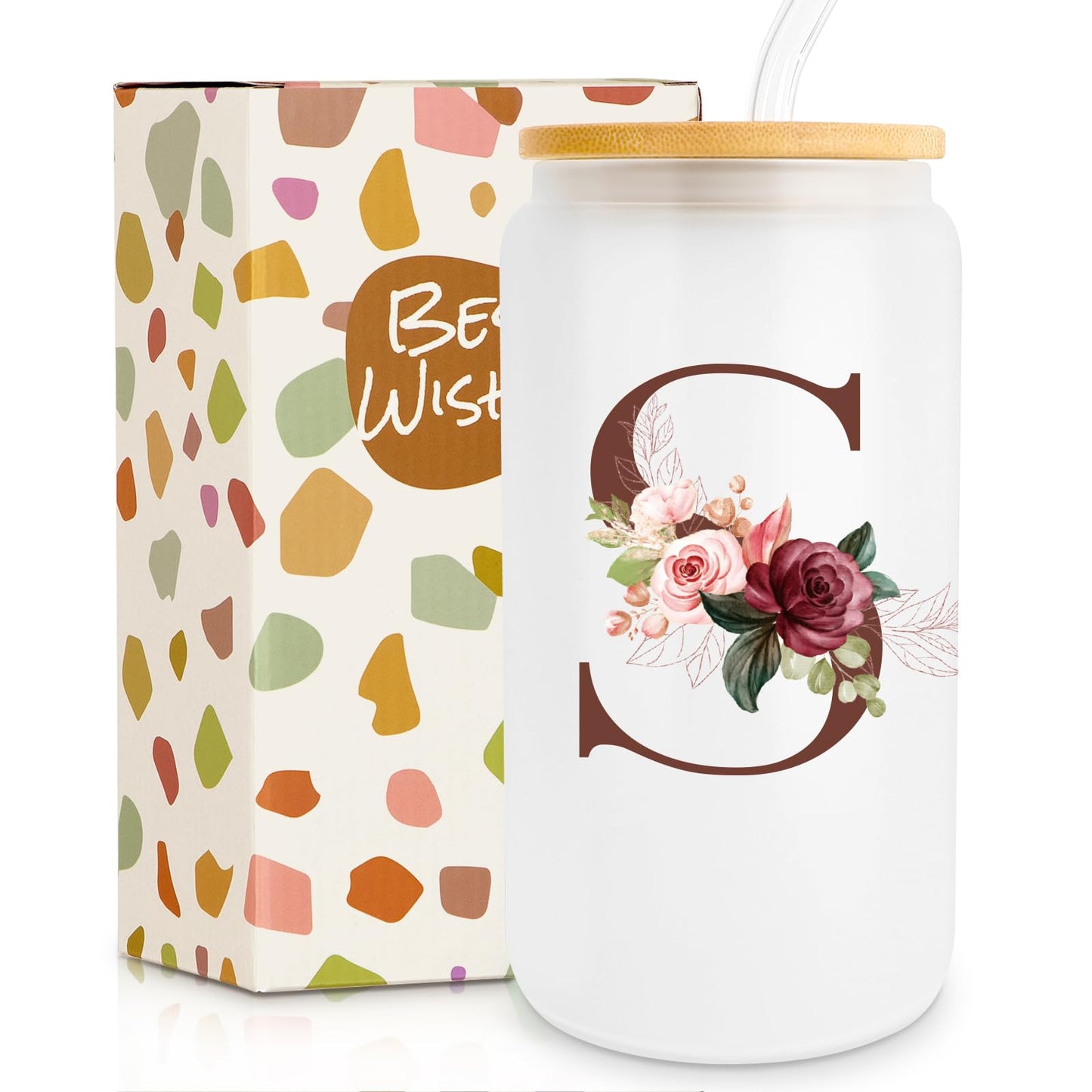 Birthday Gifts for Women, Personalized Gifts for Women, Monogrammed Initial Glass Cup - 16oz Glass Cups with Lids and Straws, Iced Coffee Cup, Beer Can Shaped Glass - Personalized Christmas Gifts J