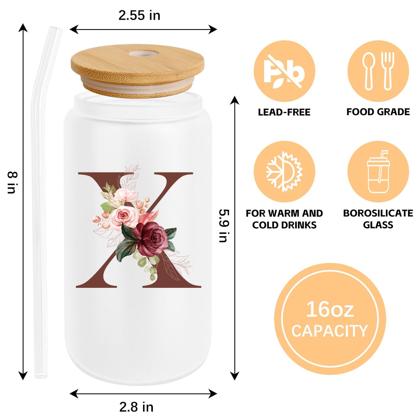 Birthday Gifts for Women, Personalized Gifts for Women, Monogrammed Initial Glass Cup - 16oz Glass Cups with Lids and Straws, Iced Coffee Cup, Beer Can Shaped Glass - Personalized Christmas Gifts J