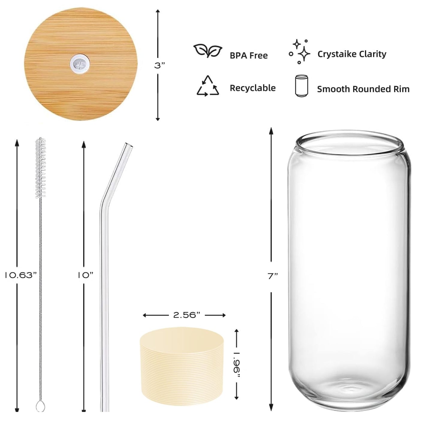 Glass Cups with Lids and Straws 1Pack,Glass Coffee Cups,Glass Cup with Lid for Iced Coffee,Smoothie,Cocktail,Beer,Whiskey,Soda,Matcha,16 Oz Glass Cup with Bamboo Lid,1 Brush