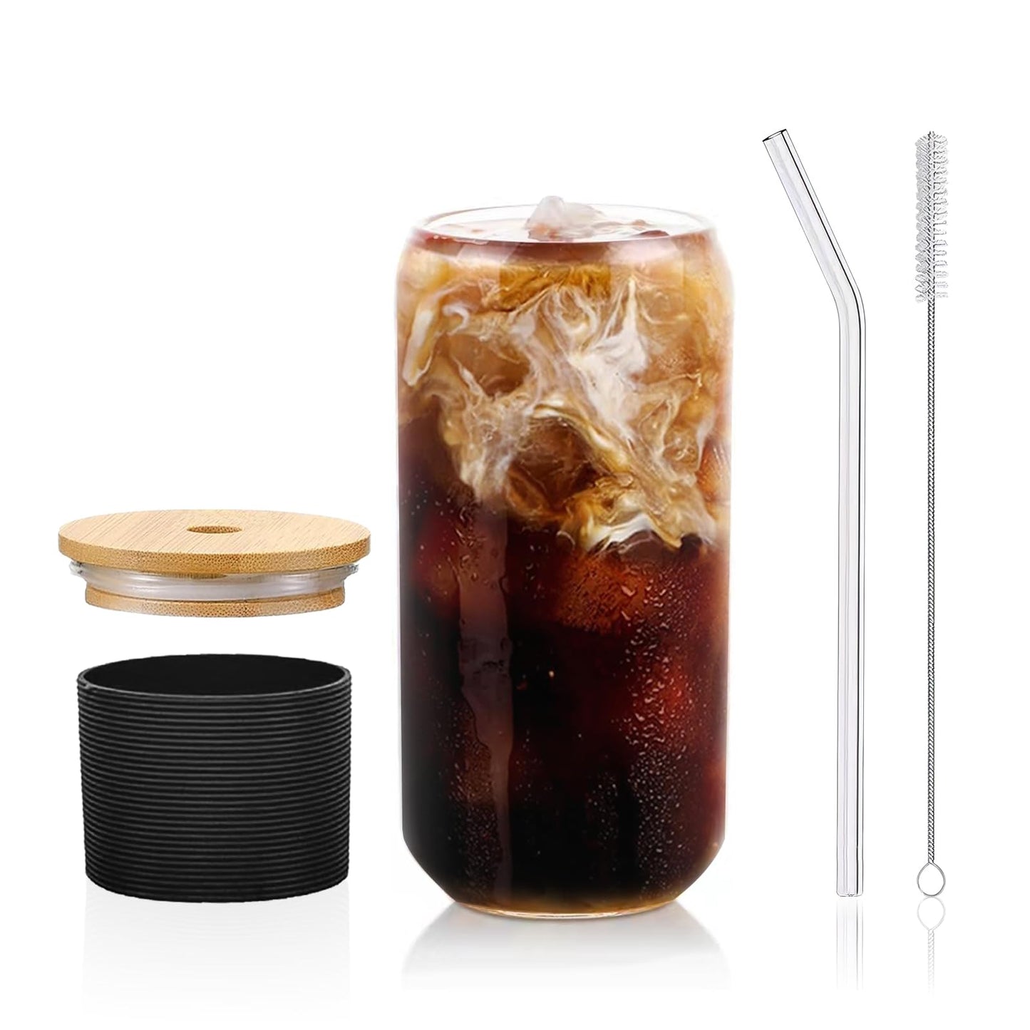 Glass Cups with Lids and Straws 1Pack,Glass Coffee Cups,Glass Cup with Lid for Iced Coffee,Smoothie,Cocktail,Beer,Whiskey,Soda,Matcha,16 Oz Glass Cup with Bamboo Lid,1 Brush