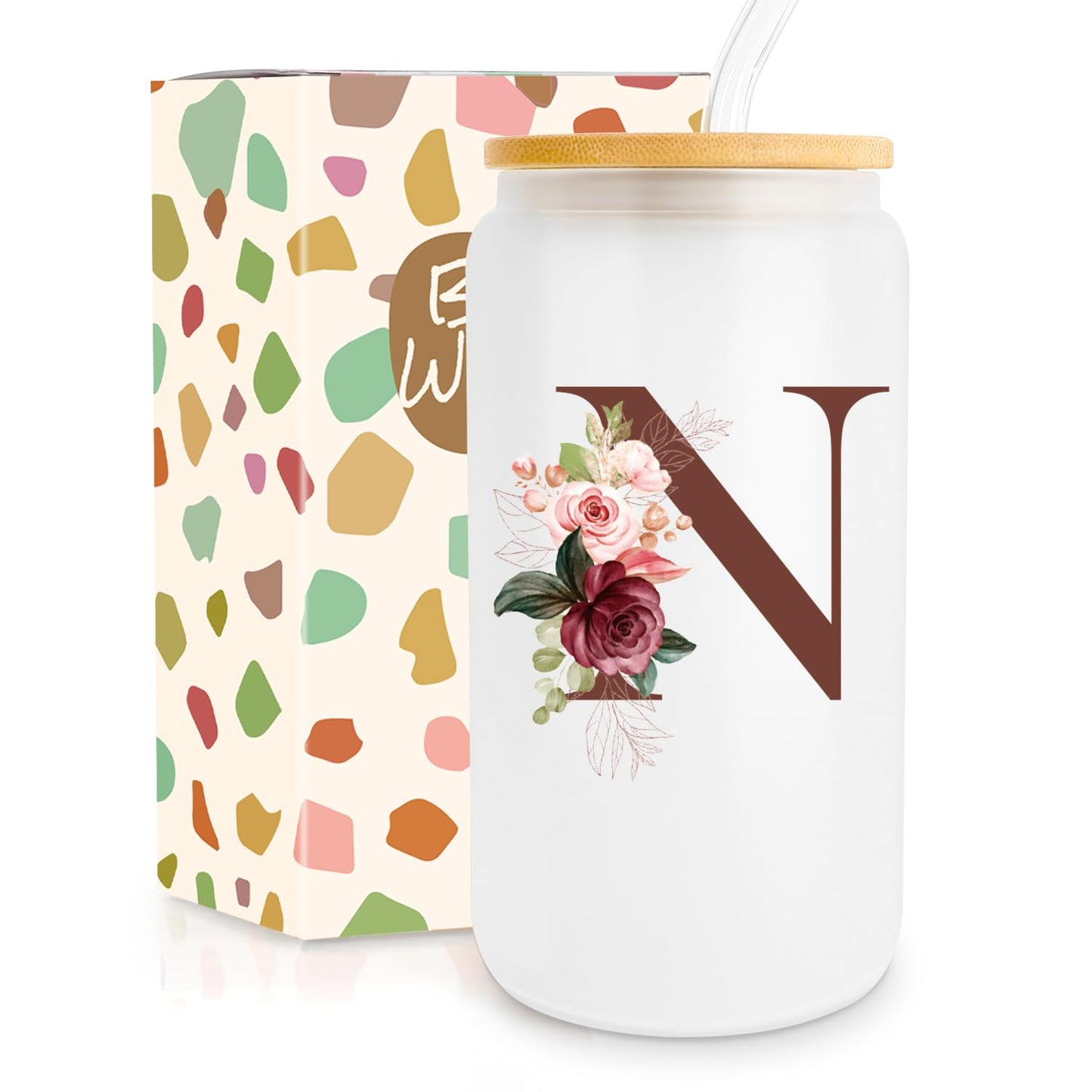 Birthday Gifts for Women, Personalized Gifts for Women, Monogrammed Initial Glass Cup - 16oz Glass Cups with Lids and Straws, Iced Coffee Cup, Beer Can Shaped Glass - Personalized Christmas Gifts J